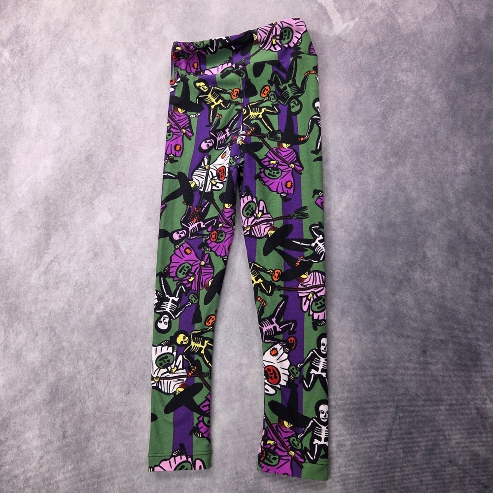 LuLaRoe Leggings Kids S/M Fits Size 2-8 Halloween Witches Skeletons Green Spooky
